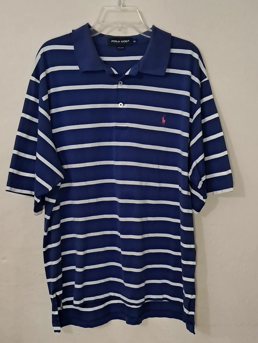 Ralph Lauren Polo Golf Men's Size XL Navy and White Striped Polo with Pink Pony